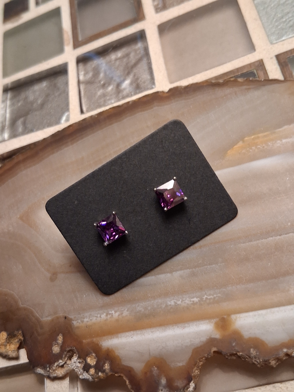 Square Purple Crystal Stud Earrings